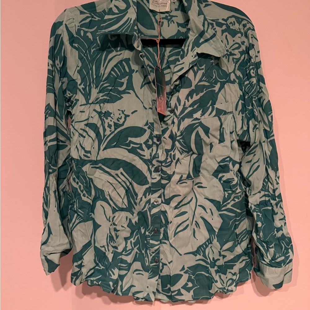 Teal Floral Women's Button Down Shirt Set